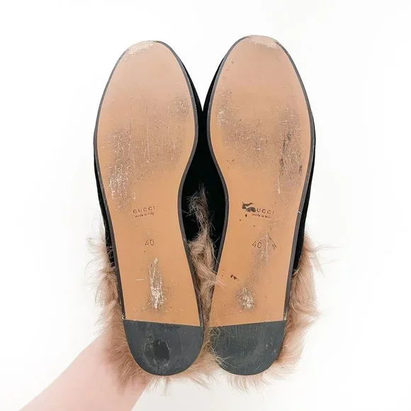 Gucci Princetown Fur Slipper EU 40 US 10 Black Velvet Horsebit Mule Loafer Flat - Picture 10 of 11